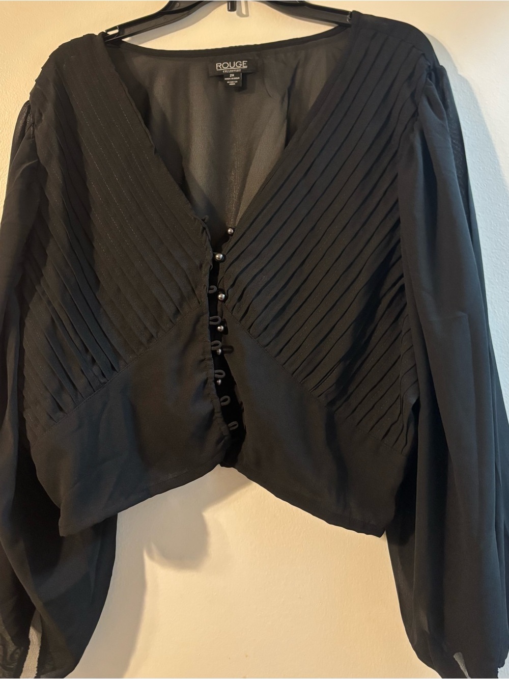 Rouge Helium Black Pleated V-Neck Button-Front Blouse